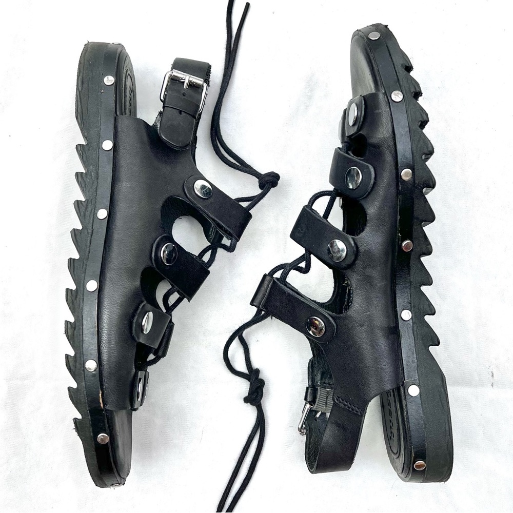 Bussola Lace-up Chunky Platform Black Leather Rivet Sandals EU 38 US 7.5